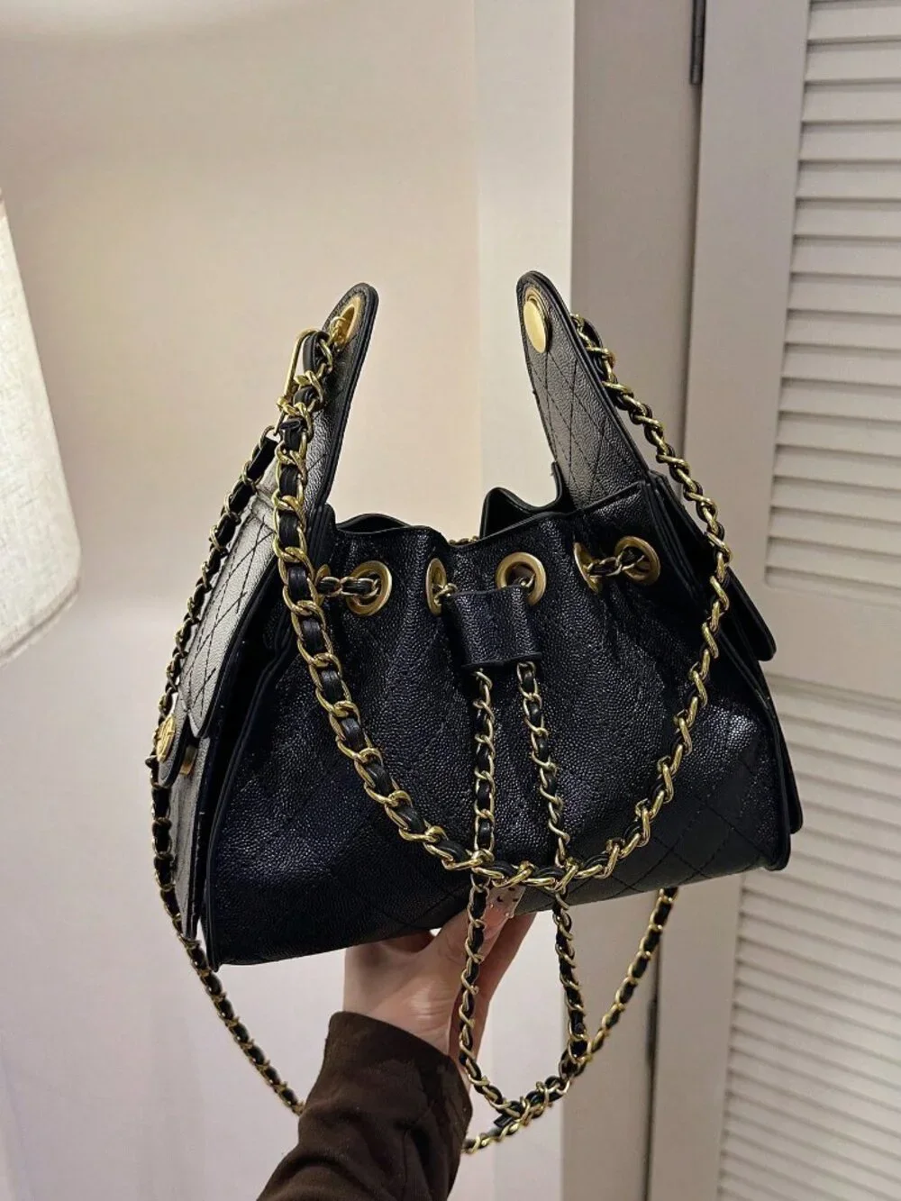 Black Casual Women's Rhombus Embroidery Small Square Dual Chain Crossbody Bag